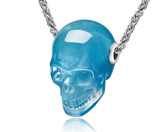 Gem Skull Pendant Necklace of Aquamarine Carved Skull
