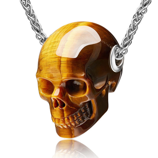 Skullis Signature Gold Tiger's Eye Gem Skull Pendant or Necklace, Hand Carved, Sterling Silver .925 Chain, for Women & Men