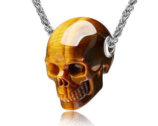 Gem Skull Pendant Necklace of Gold Tiger's Eye Carved Skull