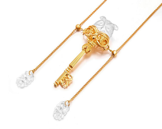 Gem Owl Pendant Necklace of Frosted Quartz Crystal Carved Owl in 18K Gold-Plated 925 Silver