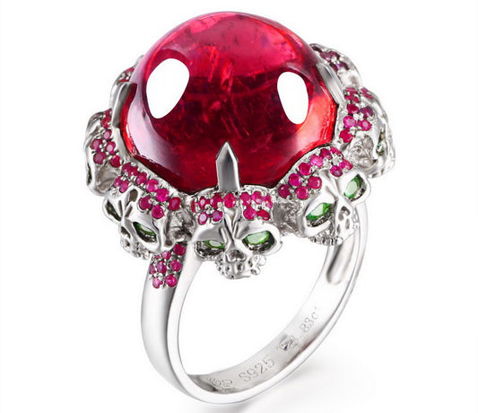 Gem Skull Ring of Round Cut Ruby Carved with Emerald Eyes Skulls in 925 Sterling Silver