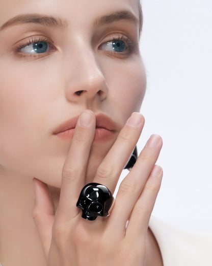 Skullis Signature Black Obsidisn Gem Skull Ring Hand Carved Sterling Silver For Women & Men Rings