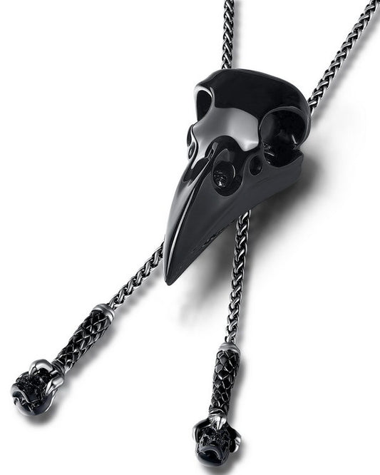 Gem Raven Pendant Necklace of Black Obsidian Carved Raven & Skull with Adjustable Chain