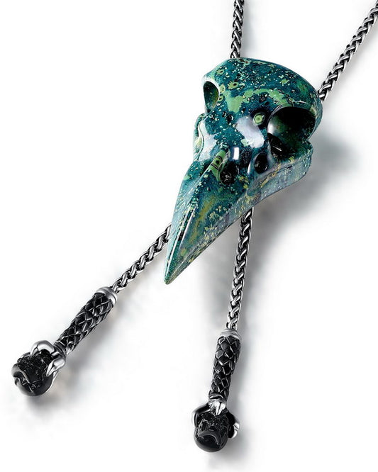 Gem Skull Pendant Necklace of Kambaba Jasper Raven & Black Obsidian Carved Skull with Adjustable Chain
