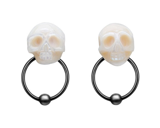 Gem Skull Earrings of Pearl Carved Skull in Black-tone Sterling Silver