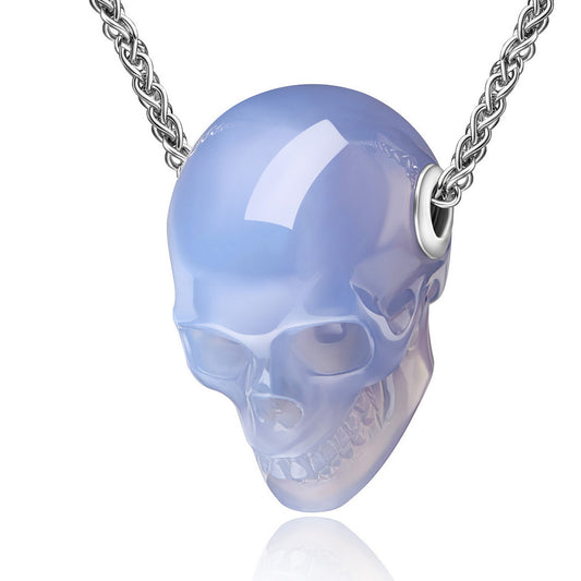 Skullis Signature Blue Chalcedony Gem Skull Pendant or Necklace, Hand Carved, Sterling Silver .925 Chain, for Women & Men