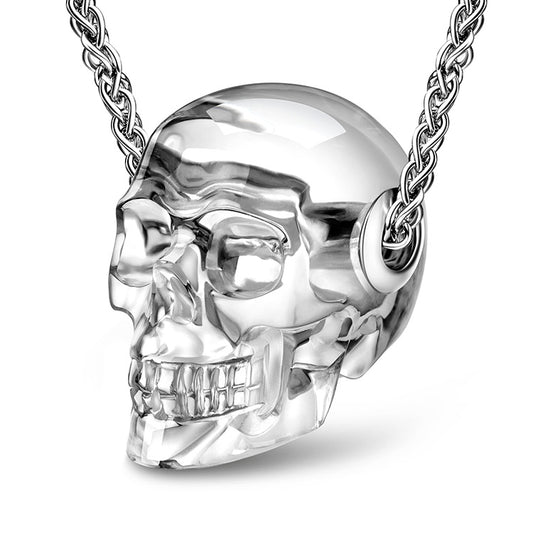 Skullis Signature Quartz Rock Crystal Gem Skull Pendant or Necklace, Hand Carved, Sterling Silver 925 Chain, for Women & Men