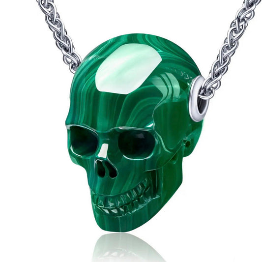 Skullis Signature Malachite Gem Skull Pendant or Necklace, Hand Carved, Sterling Silver 925 Chain, for Women & Men