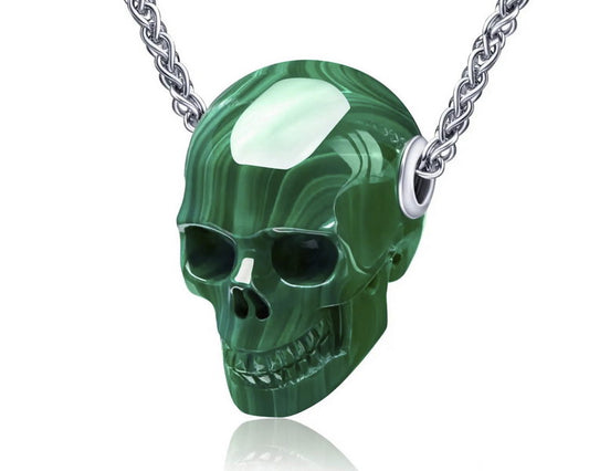 Gem Skull Pendant Necklace of Malachite Carved Skull in 925 Sterling Silver