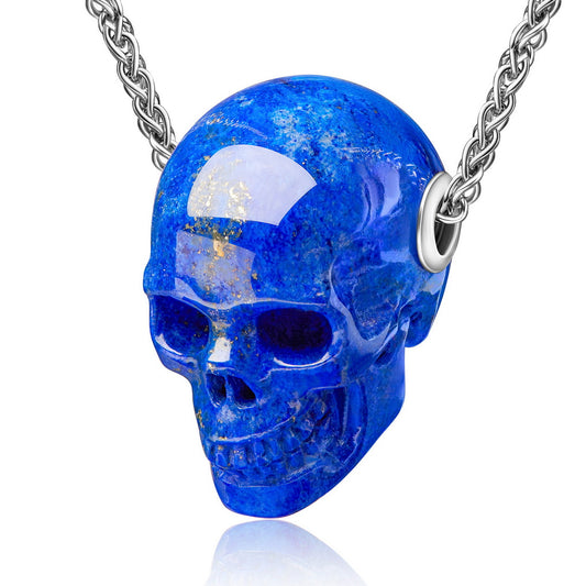 Skullis Signature Lapis Lazuli Gem Skull Pendant or Necklace, Hand Carved, Sterling Silver .925 Chain, for Women & Men