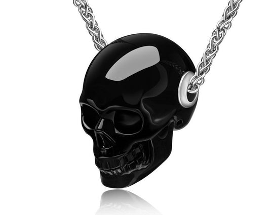 Gem Skull Pendant Necklace of Black Obsidian Carved Skull