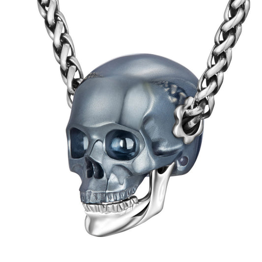 Gem Skull Pendant Necklace of Hematite Carved Skull with Detachable Silver Jaw in Sterling Silver