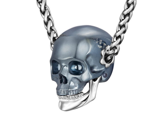 Gem Skull Pendant Necklace of Hematite Carved Skull with Detachable Silver Jaw in 925 Sterling Silver