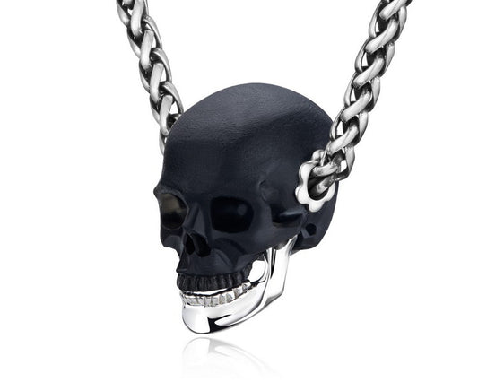 Gem Skull Pendant Necklace of  Frosted Black Obsidian Crystal Carved Skull with Detachable Silver Jaw in Sterling Silver