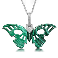 Wings of the Green Oracle - Gem Skull Pendant Necklace of Malachite Butterfly Carved Skull