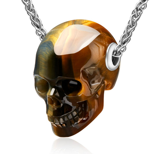 Skullis Signature Blue & Gold Tiger's Eye Gem Skull Pendant or Necklace, Hand Carved, Sterling Silver .925 Chain, for Women & Men