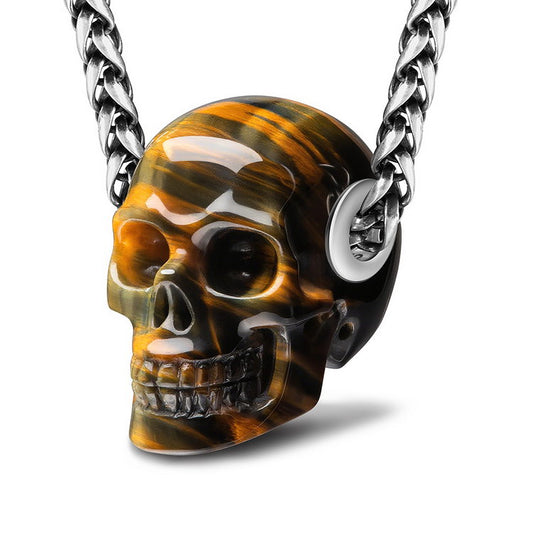 Skullis Signature Blue & Gold Tiger's Eye Gem Skull Pendant or Necklace, Hand Carved, Sterling Silver 925 Chain, for Women & Men