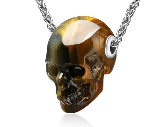 Gem Skull Pendant Necklace of Blue & Gold Tiger's Eye Carved Skull