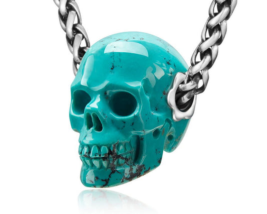 Gem Skull Pendant Necklace of Turquoise Carved Skull