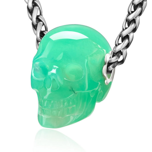 Skullis Signature Chrysoprase Gem Skull Pendant or Necklace, Hand Carved, Sterling Silver .925 Chain, for Women & Men