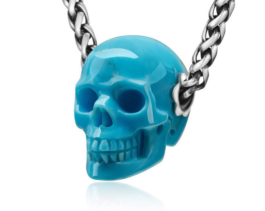 Gem Skull Pendant Necklace of American Turquoise Carved Skull