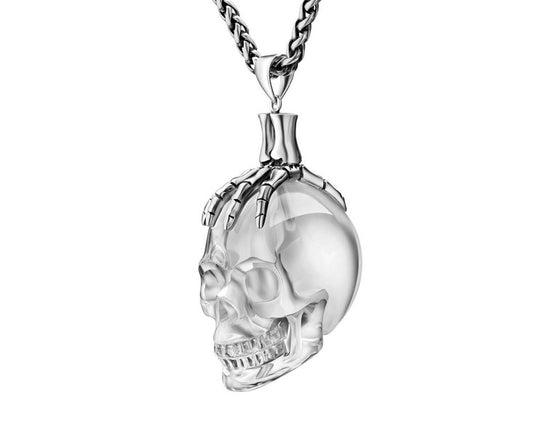 Gem Skull Pendant Necklace of Quartz Rock Crystal Carved Skull with Skeleton Hand in 925 Sterling Silver