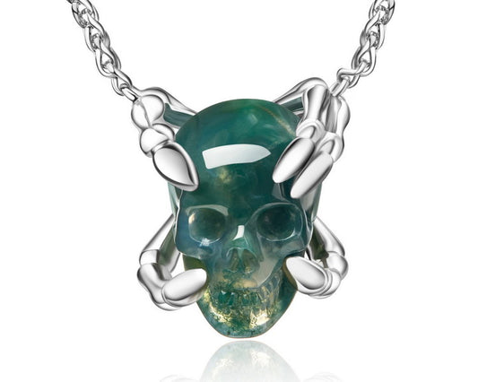Gem Skull Pendant Necklace of Green Moss Agate Carved Skull with Skeleton Fingers in 925 Sterling Silvering