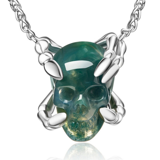 Gem Skull Pendant Necklace of Green Moss Agate Carved Skull with Skeleton Fingers in 925 Sterling Silvering