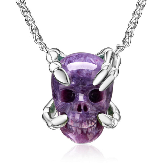 Gem Skull Pendant Necklace of Russian Charoite Carved Skull with Skeleton Fingers in Sterling Sterling Silver