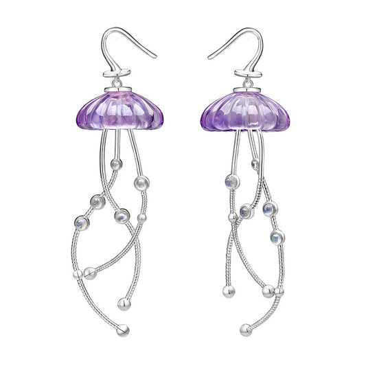 Gem Earrings of Amethyst Carved Jellyfish with Moonstone, 925 Sterling Silver