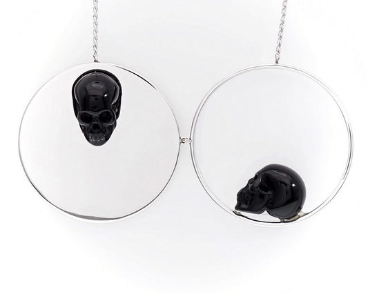 Gem Skull Pendant Necklace of Black Obsidian Carved Skull in 925 Sterling Silver