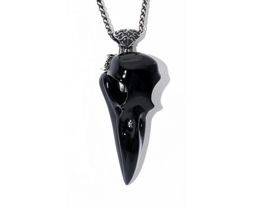 Gem Raven Pendant Necklace of Black Obsidian Carved Raven with Sword Necklace