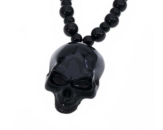 Gem Skull Pendant Necklace of Black Obsidian Carved Skull and Beads
