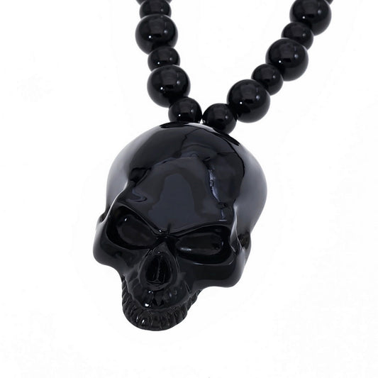 Gem Skull Pendant Necklace of Black Obsidian Carved Skull and Beads