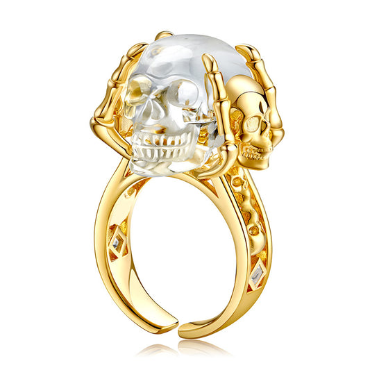 Gem Skull Ring of Quartz Rock Crystal Carved Skull in 18k Gold-Plate Silver