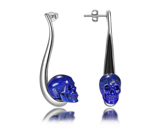 Gem Skull Earrings of Lapis Lazuli Carved Skull in 925 Sterling Silver