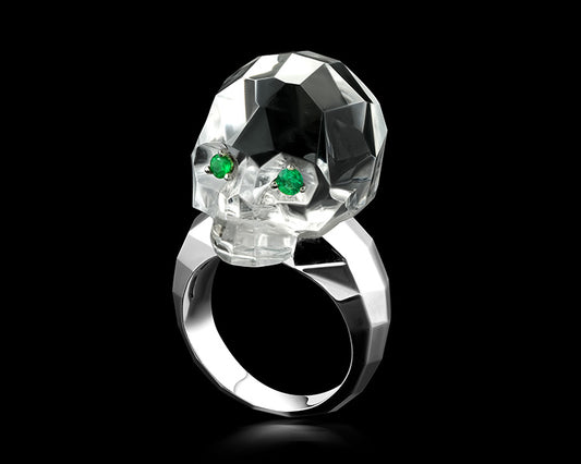 Gem Skull Ring of Faceted Quartz Rock Crystal Carved Skull with Tsavorite Eyes in 925 Sterling Silver