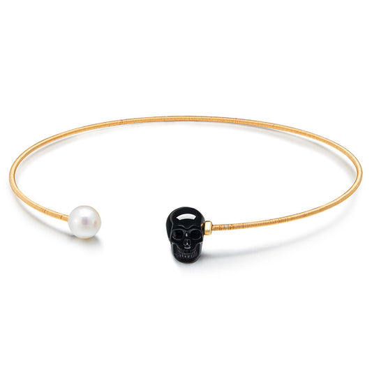 Gem Skull Pendant Necklace of Black Obsidian & Pearl