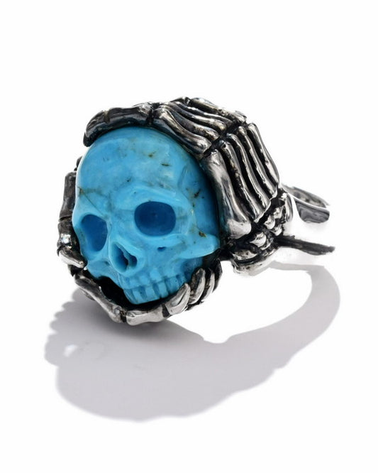 Gem Skull Ring of Turquoise Carved Skull with Skeletal Hands in 925 Sterling Silver