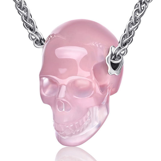 Skullis Signature Rose Quartz Gem Skull Pendant or Necklace, Hand Carved, Sterling Silver 925 Chain, for Women & Men