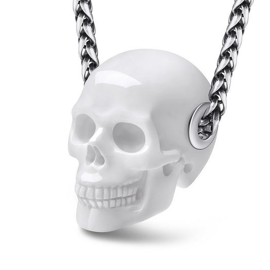 Skullis Signature White Jasper Gem Skull Pendant or Necklace, Hand Carved, Sterling Silver 925 Chain, for Women & Men