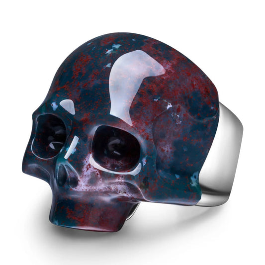 Skullis Signature Bloodstone Gem Skull Ring, Hand Carved, Sterling Silver, for Women & Men