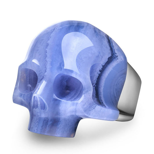 Skullis Signature Blue Lace Agate Gem Skull Ring, Hand Carved, Sterling Silver, for Women & Men