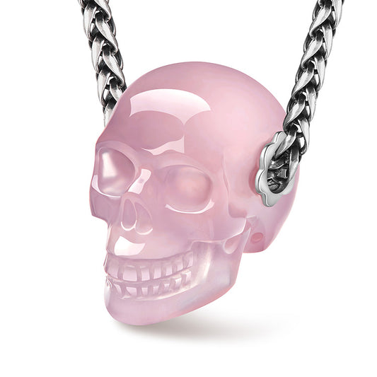 Skullis Signature Rose Quartz Gem Skull Pendant or Necklace, Hand Carved, Sterling Silver 925 Chain, for Women & Men