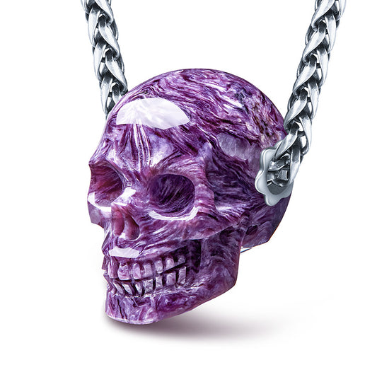 Skullis Signature Russian Charoite Gem Skull Pendant or Necklace, Hand Carved, Sterling Silver 925 Chain, for Women & Men