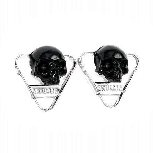 Gem Skull Earrings of Black Obsidian Carved Skull in 925 Sterling Silver