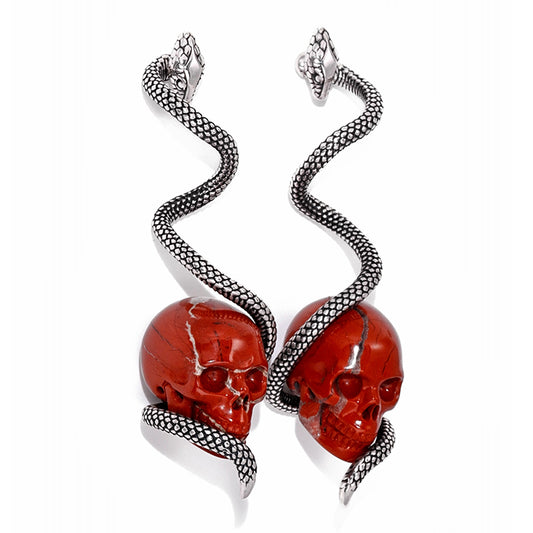 Gem Skull Earrings of Red Jasper Carved Skull with 925 Sterling Silver Snake