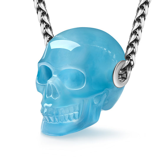 Skullis Signature Aquamarine Gem Skull Pendant or Necklace, Hand Carved, Sterling Silver 925 Chain, for Women & Men