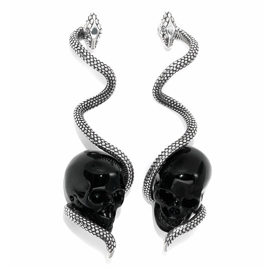 Gem Skull Earrings of Black Obsidian Carved Skull with 925 Sterling Silver Snake