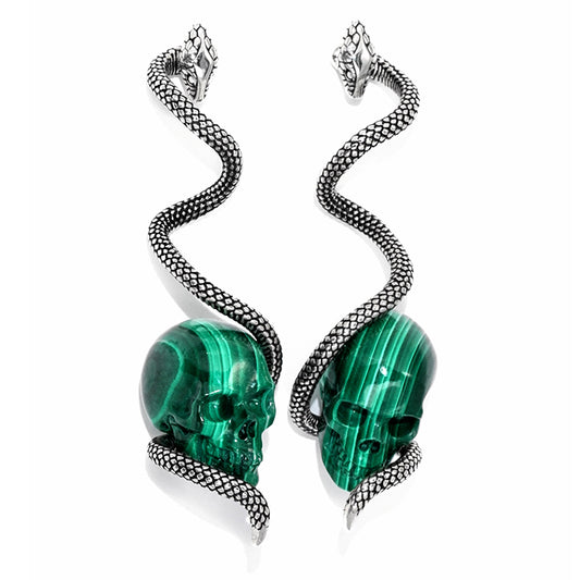 Gem Skull Earrings of Malachite Carved Skull with 925 Sterling Silver Snake